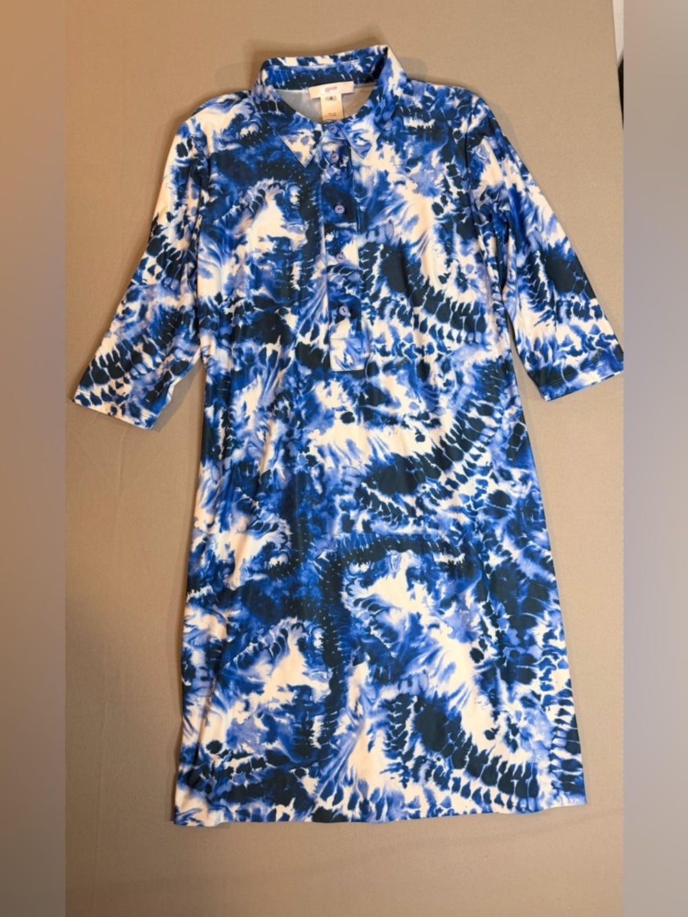 Leggiadro Blue White Tie-Dye Shirt Dress 3/4 sleeve Size 4 Midi Summer Dress